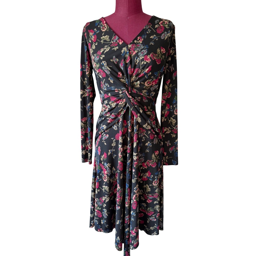 Lauren Ralph Lauren Dress Floral Twist Front Long Sleeve Black Pink Size 2 - Picture 2 of 10